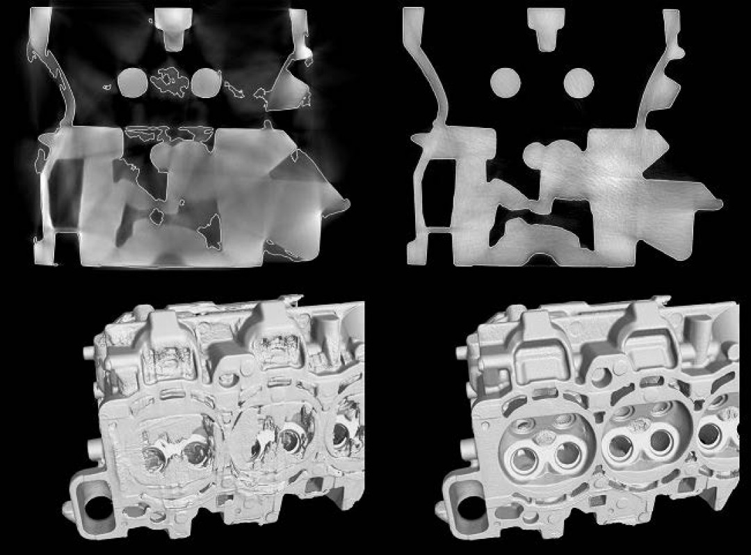 CT-Scan eines Gussteils ohne (li.) und mit (re.) ScatterFix. - © YXLON