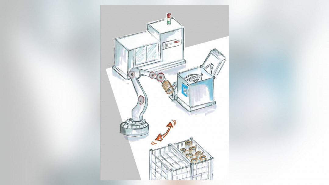 Skizze einer Fertigungszelle: Der Roboter entnimmt das Bauteil aus dem Korbstapel und beschickt Bearbeitungszentrum und Reinigungsanlage. - © BVL Skizze einer Fertigungszelle: Der Roboter entnimmt das Bauteil aus dem Korbstapel und beschickt Bearbeitungszentrum und Reinigungsanlage. - © BVL