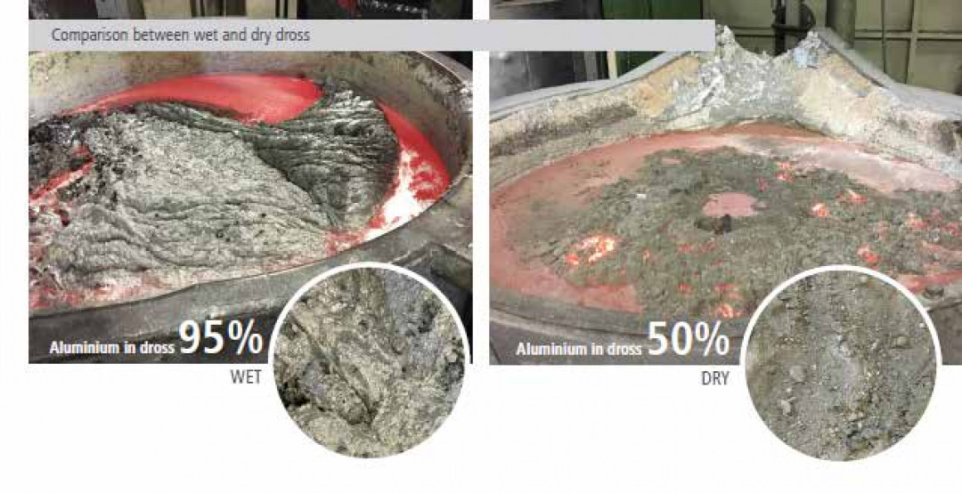 Die Reinigung mit Coveral kann zu 50 % trockener Krätze in der Aluminiumschmelze führen. - © FOSECO Die Reinigung mit Coveral kann zu 50 % trockener Krätze in der Aluminiumschmelze führen. - © FOSECO